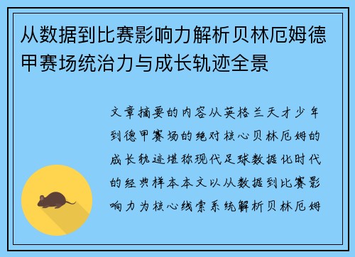 从数据到比赛影响力解析贝林厄姆德甲赛场统治力与成长轨迹全景